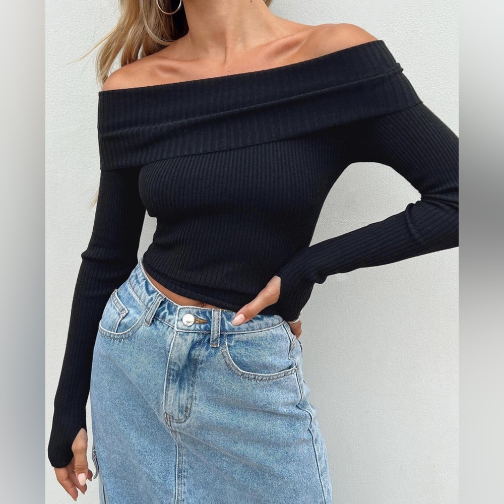 NWOT Princess Polly MORLEY OFF SHOULDER SWEATER BLACK KNIT TOP SHIRT XS / S